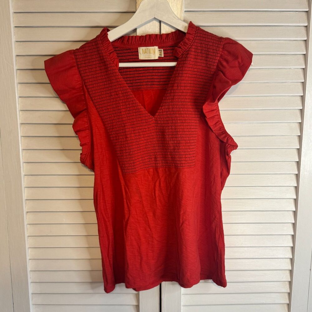 NATION LTD ANTHROPOLOGIE SMOCKED‎ PRIMA COTTON FLUTTER SLV COTTAGECORE TANK SZM